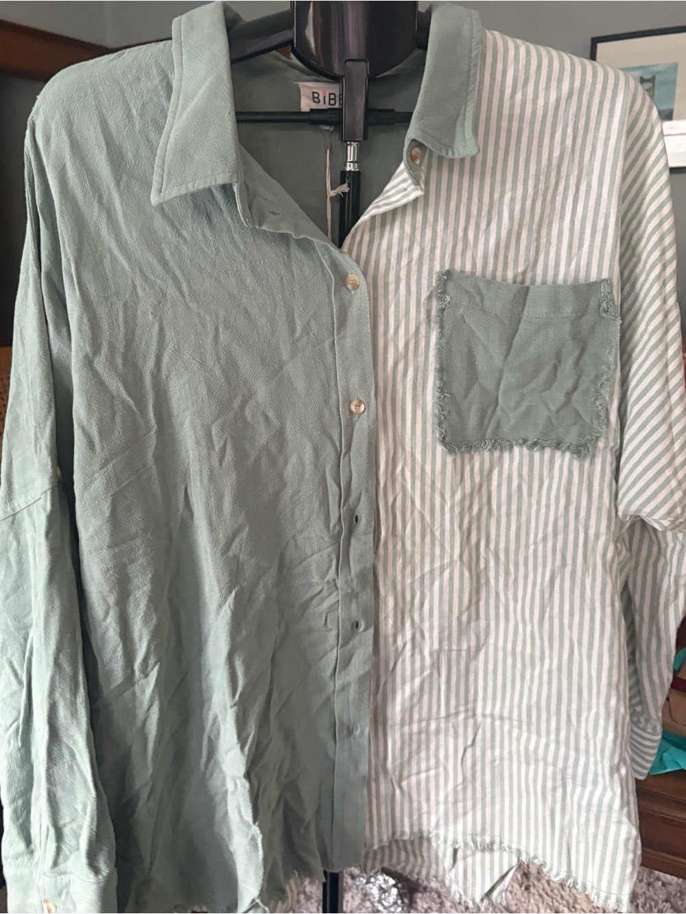 BIBI Women's M Sage Green Striped Color Block Button Up Shirt Oversized